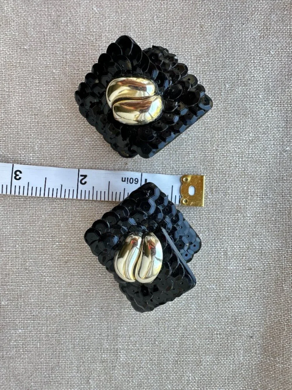 Vintage Black Sequin Statement Clip-On Earrings Gold Tone Square 1980s